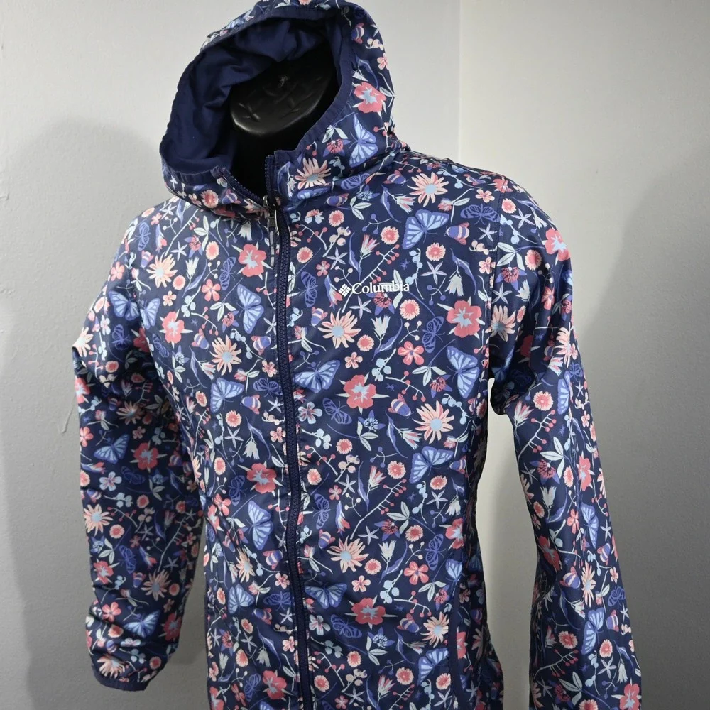 Columbia Reversible Jacket Girls XL (18/20) Navy Blue Floral Butterfly Hooded - Picture 2 of 14
